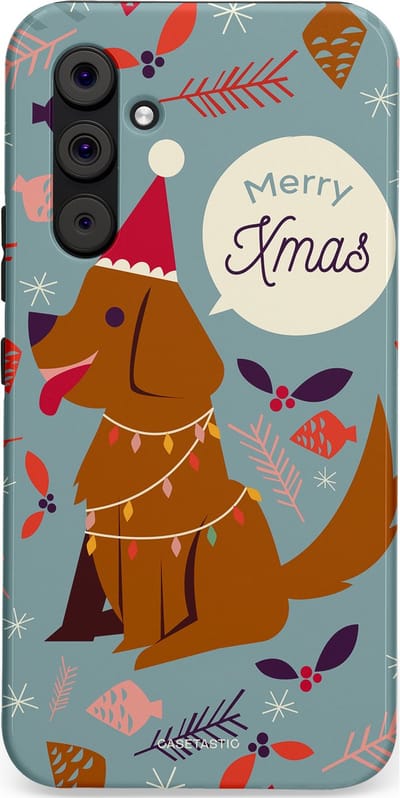 Casetastic hoesje geschikt voor Samsung Galaxy A54 (2023) 5G - Dubbellaagse bescherming - Merry Christmas Hond - Fashion Case - Zilver Bruin Saliegroen Rood