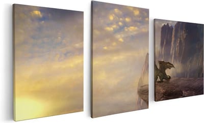 Artaza Canvas Schilderij Drieluik Draak op een Rots bij Zonsondergang - 120x60 - Foto Op Canvas - Canvas Print