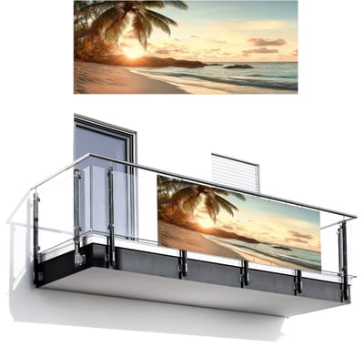 Balkonscherm 300x120 cm - Balkonposter Strand - Palmbomen - Oceaan - Zonsondergang - Balkon scherm decoratie - Balkonschermen - Balkondoek zonnescherm