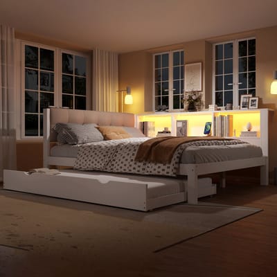 Slaapbank - 140x200 cm - Met Uitschuifbed - LED en Plank met USB - Grenenhout - Wit
