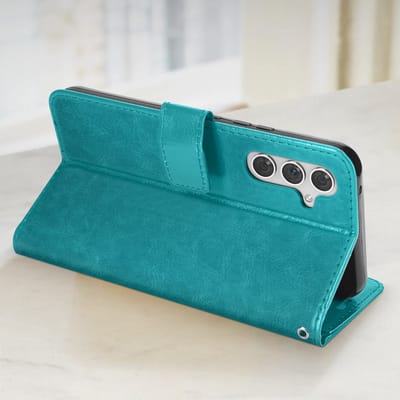 Mayaxess, Foliohoes Geschikt voor Samsung Galaxy A54 5G Bescherming met polsband Multifunctionele flap, Turquoise