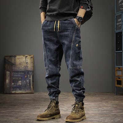 Jean ample d'hiver pour homme, pantalon de travail décontracté à nouer à la cheville, pantalon long pour homme, grande taille 2XL bleu