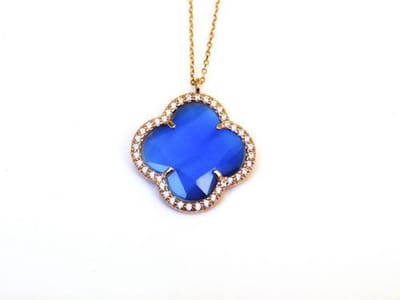 model Fiori gezet collier in zilver roze verguld kobaltblauwe klaver en cubic zirconia