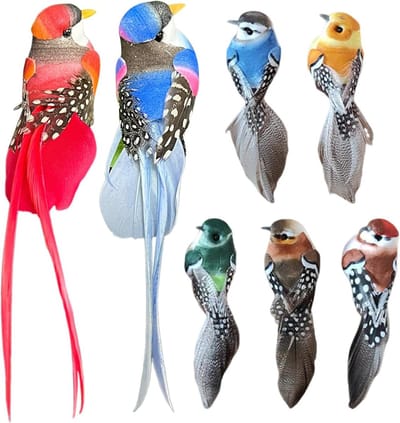 Ronte - Tuindecoratie vogelklemmen en veren - Set van 5 korte en 2 lange staartklemmen