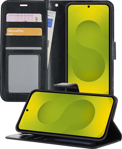 Hoesje - Met Pasjeshouder - Geschikt voor Samsung Galaxy S25 - Luxe Bookcase Portemonee - Flip Case - Kunstleer Book Case - Flipcase - Book Cover - Walletcase - Portemonneehoes - Telefoonhoesjes - Zwart