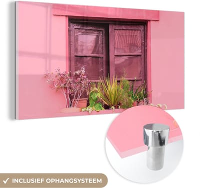 MuchoWow® Glasschilderij 40x20 cm - Schilderij acrylglas - Raam - Planten - Roze - Plantenbak - Foto op glas - Schilderijen
