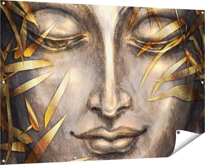 Gards Tuinposter Boeddha Beeld met Gouden Bladeren - 150x100 cm - Tuindoek - Tuindecoratie - Wanddecoratie buiten - Tuinschilderij