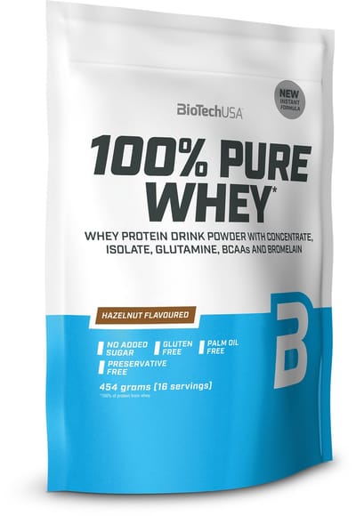BioTechUSA 100% Pure Whey | Eiwitpoeder met BCAA en Glutamine | Glutenvrij, Palmolievrij | 21g Eiwit per portie, 454 g, Hazelnoot