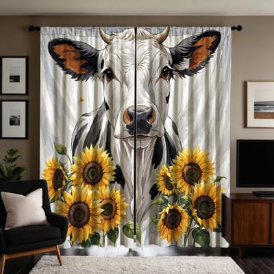 2 pièces de tournesol HD dans la vache rideau décoratif blanc attache rideau imprimé numériquement décoration de maison style décoration salon W52H63inchW132H160cm white
