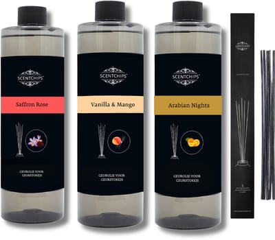 Navulling Saffron Rose + Vanille & Mango + Arabian Nights + Geurstokjes - Geurstokjes Navulling Set van 3 + 5 Geurstokjes - Geurverspreider - Luchtverfrisser - Huisparfum - 400ml x 3