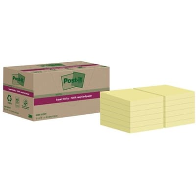 Post-it® sticky notes Super Sticky Recycling Notes 622 RSS12CY, B 47,6 x D 47,6 mm, PEFC® papier, geel, 12 pads, 70 vellen/pad
