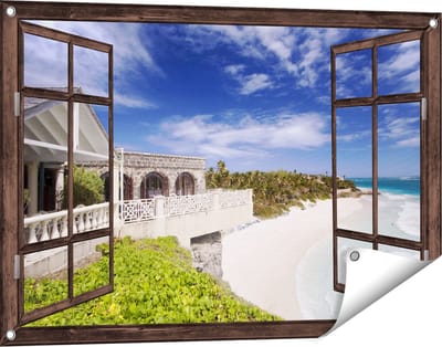 Gards Tuinposter Doorkijk Het Strandhuis - 90x60 cm - Tuindoek - Tuindecoratie - Wanddecoratie buiten - Tuinschilderij