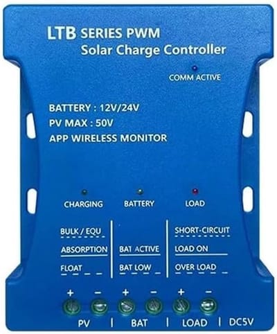 Solar Laadregelaar - Zonnecontroller PWM - Off-grid Energiebeheer - App Controle - 115 x 95 x 30 mm - Blauw