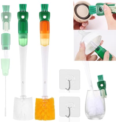 Flessenborstel, 2 stuks multifunctionele flessenborstels, reinigingsborstel, lange handgreep, melkflesborstel met 5 borstelkoppen en 2 haken, voor drinkflessen, glazen fles, babyfles smal