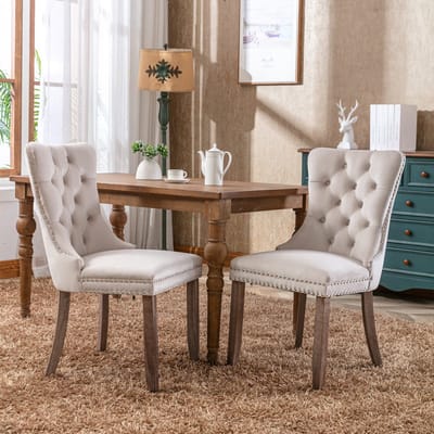 Clruro Eetkamerstoelen - Set van 2 - Gecapitonneerd - Met Siernagels - Fluweel en Hout - Beige