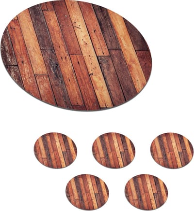 Onderzetters voor glazen - Rond - Plank - Vintage - Patroon - 10x10 cm - Glasonderzetters - 6 stuks