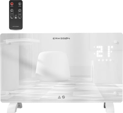 Erikssøn Elektrische Kachel – Convectorkachel met Thermostaat en Afstandsbediening - Glazen Paneelverwarming - 1500W Heater - Wit