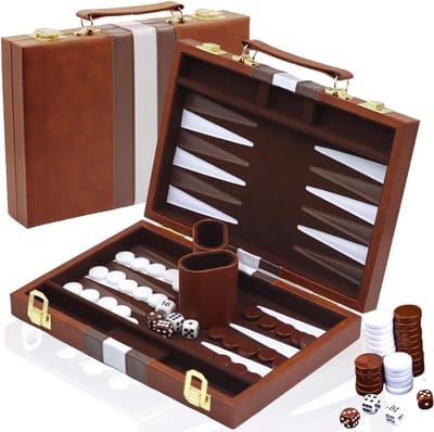 AHD® Backgammon - Backgammon Koffer - Backgammon Reiseditie - Backgammon Hout - Bruin - 29cm x 20cm x 1cm