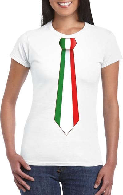 Wit t-shirt met Italiaanse vlag stropdas dames - Italie supporter S