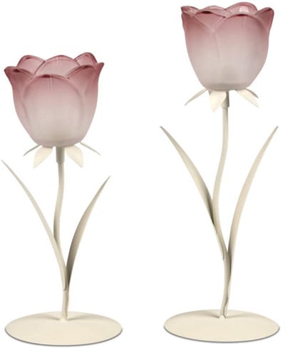 waxinelicht set op voet tulpen, 28 cm hoog - creme rose - metaal en glas - handgemaakt