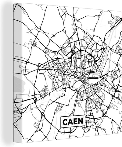 Canvas Schilderij Stadskaart - Frankrijk - Kaart - Plattegrond - Caen - Zwart wit - 20x20 cm - Wanddecoratie