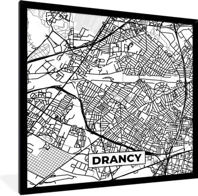 Fotolijst incl. Poster Zwart Wit- Plattegrond - Drancy - Kaart - Frankrijk - Stadskaart - Zwart wit - 40x40 cm - Posterlijst