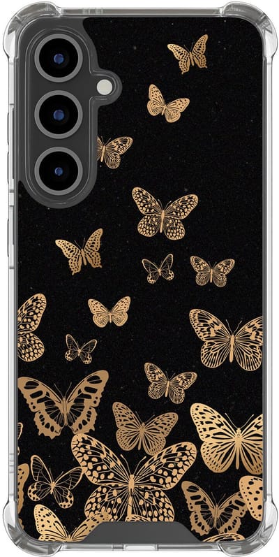 Shockproof hoesje - Geschikt voor Samsung Galaxy S24 FE - Vlinders - Extra sterke case - TPU/polycarbonaat - Print / Illustratie - Zwart, Goud, Transparant
