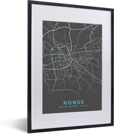 Fotolijst incl. Poster - België – Ronse – Stadskaart – Kaart – Blauw – Plattegrond - 30x40 cm - Posterlijst