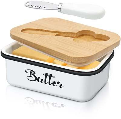 Dailygoods - Botervloot met deksel, 650ml metalen botervloot met roestvrijstalen multifunctionele botermes, grote capaciteit met dubbele siliconen afdichtingen voor boter, kaas, noten