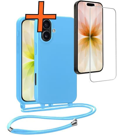 Hoesje Geschikt voor iPhone 17 Hoes Met Telefoonketting Met Screenprotector - Backcover Geschikt voor iPhone 17 Case Met Koord - Lichtblauw