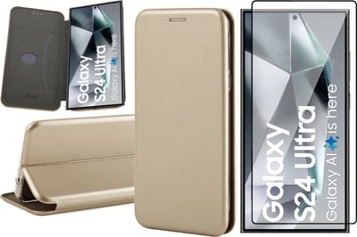 Hoesje geschikt voor Samsung Galaxy S24 Ultra - Screenprotector PET - Wallet Book Case Goud