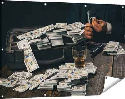 Gards Tuinposter Dollar Geld Briefjes op Tafel van de Maffia - 120x80 cm - Tuindoek - Tuindecoratie - Wanddecoratie buiten - Tuinschilderij