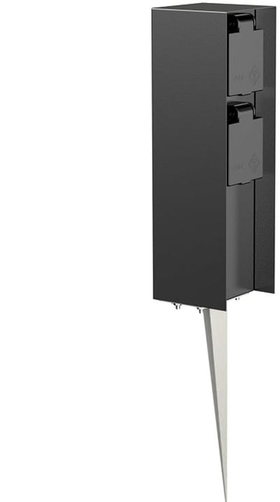 Tuinstekkerpaal met grondpen – Buiten, IP44, 2-voudig, zwart, vierkant, 23cm