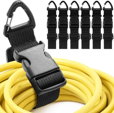 6-delige opbergset - Met driehoekige clips - Verstelbaar verlengsnoer - Stevige opbergriemen - Snoerhouder - 3,8 cm x 56 cm - Geschikt voor het organiseren en opruimen van ateliers en garages.