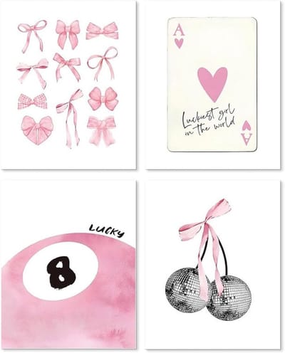 Wanddecoratie Kunst - Set Posters - Kamer Opfleuren - Roze Preppy Stijl - 4 Delig 8x10 Inch - Roze