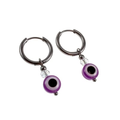 ∅16mm x 2mm Oorringen Dames - Gepolijst RVS - Oorbellen met Paarse Turks oog Hanger