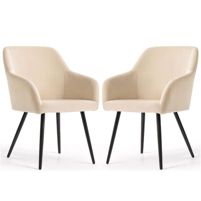 Set van 2 Eetkamerstoelen ESTELLE met Armleuningen / Gestoffeerde Stoelen / Fluwelen Stoelen en Metalen Poten / Beige met zwarte benen