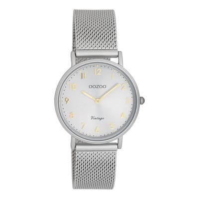 OOZOO Vintage series - Licht grijze horloge met licht grijze metalen mesh armband - C20381
