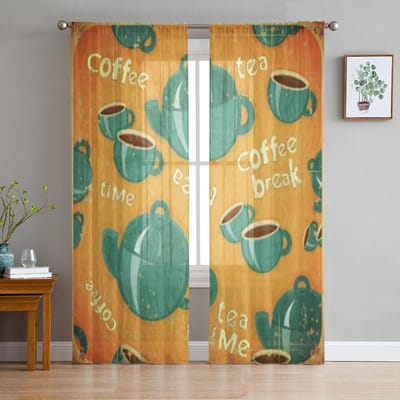 Menu Van Koffie Thee Kopjes Retro Stijl Chiffon Transparante Gordijnen voor Woonkamer Slaapkamer Decoratie Raam Voiles Tule Gordijn 135W x 114H(cm) beige
