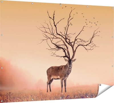Gards Tuinposter Hert met een Bomen Gewei - 160x120 cm - Tuindoek - Tuindecoratie - Wanddecoratie buiten - Tuinschilderij