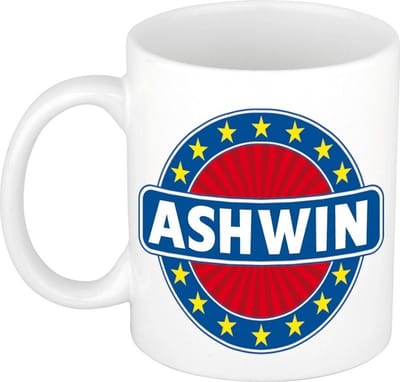 Bellatio Decorations - Ashwin voornaam - koffiemok - beker - wit/blauw - 300 ml - Cadeau - Heren - Collega - Vaderdag - Verjaardag