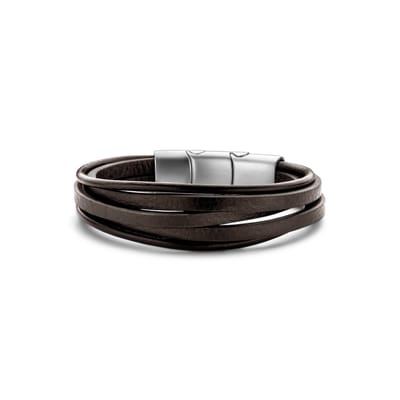 Frank 1967 7FB-0510 Heren Armband - Leder - Meerdere Strengen - Donker Bruin - 21 cm - Zilverkleurig