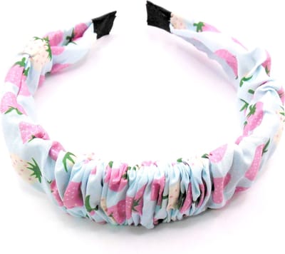 Diadeem lichtblauw met roze-wit aardbei patroon