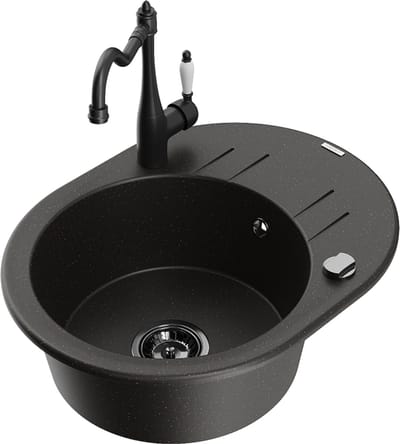 Mexen Kevin granieten spoelbak met 1 bak, afdruiprek en Carla keukenkraan, zwart/gouden metallic - 6517-75-670700-70-B