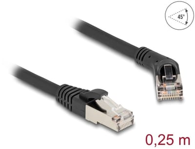 Delock RJ45 Network Cable Cat.6A S/FTP plug 45° right angled to plug straight 0.25 m black