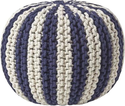 Homescapes - Gebreide ronde poef - Streepdesign - Katoen - Donkerblauw en wit - 35 x 40 cm