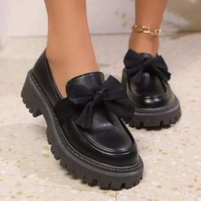 Grote Maten 35-42 Zwarte Loafers Dames Niche Strik Dikke Zool Leren Schoenen Retro Enkele Schoenen Dames 42 black