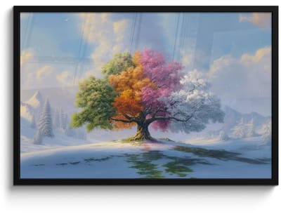 Poster in lijst - Fotolijst 90x60 cm - Posters - Boom - Seizoenen - Winter - Landschap - Posterlijst zwart - Decoratie - Wanddecoratie woonkamer - Muurdecoratie slaapkamer