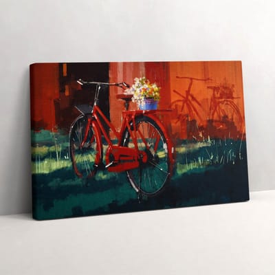 Wallfluent Foto Op Canvas Een fiets met een bloemstuk - 30 x 20 cm - Rood Schilderij Op Canvas - Voertuigen Foto Canvas - Imitatie van een olieverfschilderij Print Op Doek - Kunst Schilderij Canvas