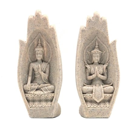 Allecto - Zandsteen Hars Boeddha Standbeeld - Decoratie voor Thuis en Kantoor - Creatieve Sculptuur - Wit - Yoga Decoratie - 2 Stuks - Geschikt voo...